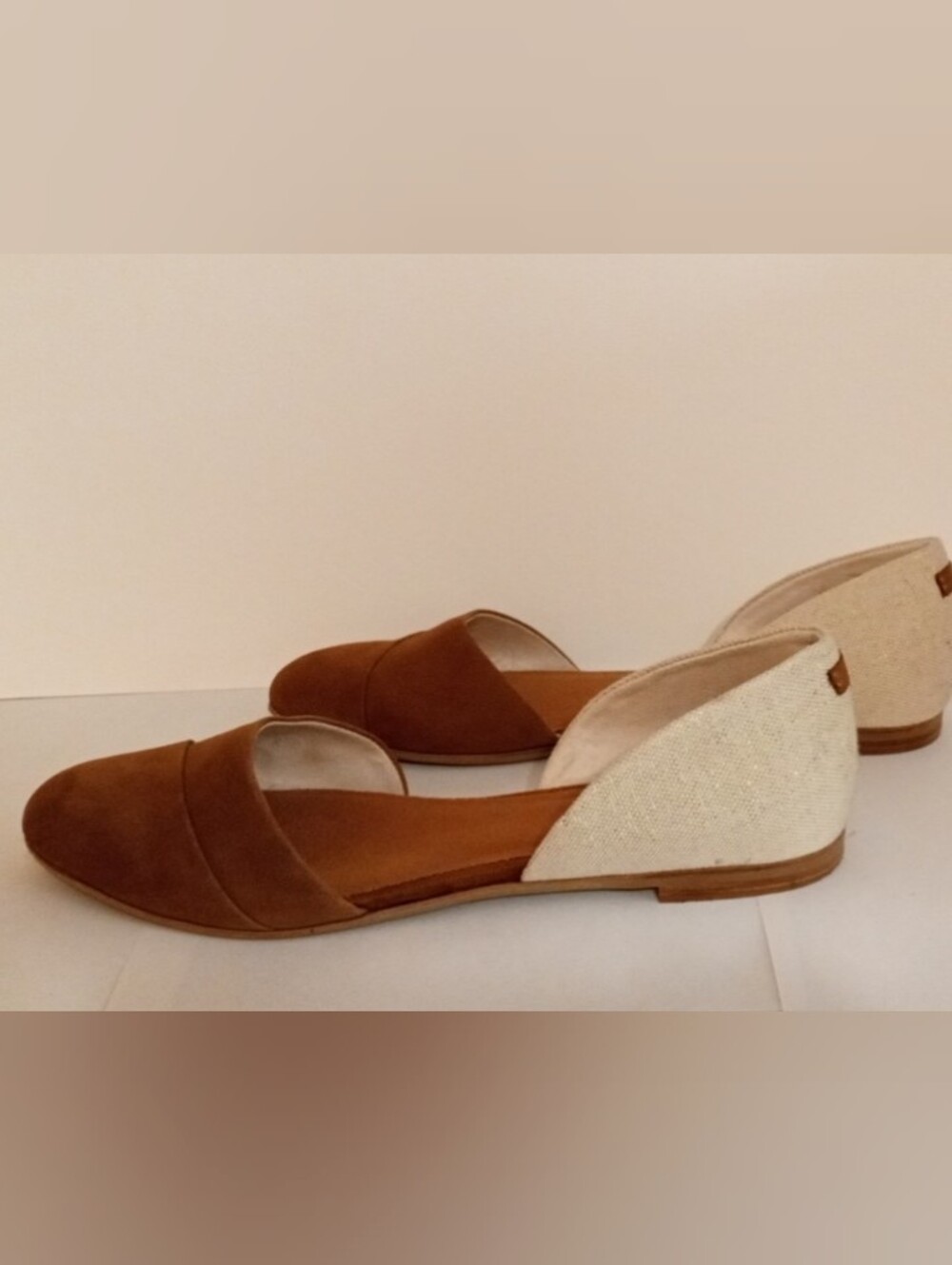 Toms Brown Vegan Suede D’Orsay Flats with Cream Woven Heel